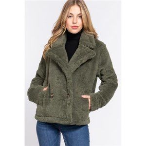 Women’s Olive Green Teddy Jacket - Plush Faux Shearling Coat